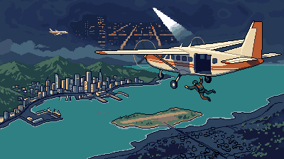 BitFlight: a jump plane above a coastal bay with a skydiver below